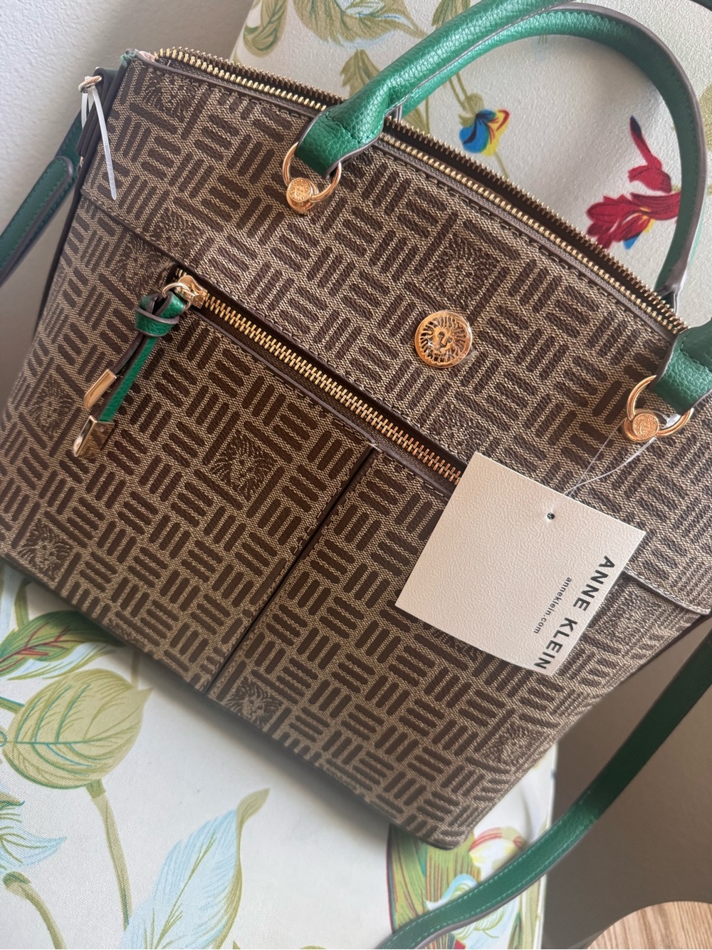 Anne Klein Brown Patterned Satchel with Green Handles